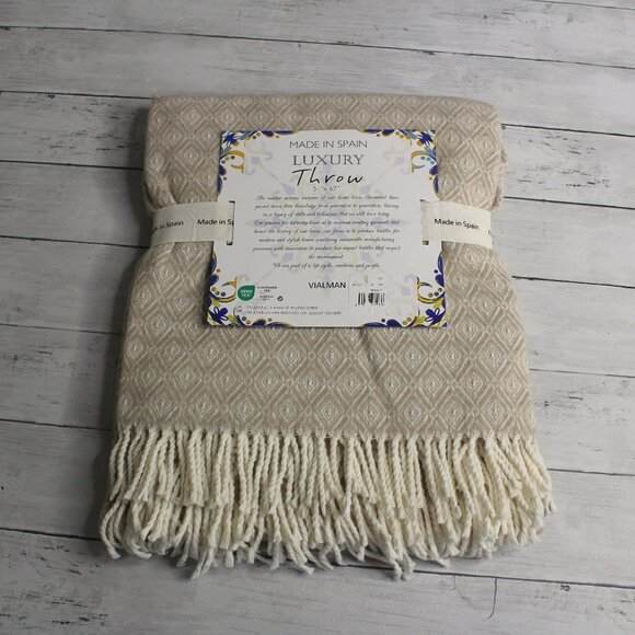 Made in Spain Throw Blanket Tan Cream with Fringe Cotton Blend - Picture 1 of 5